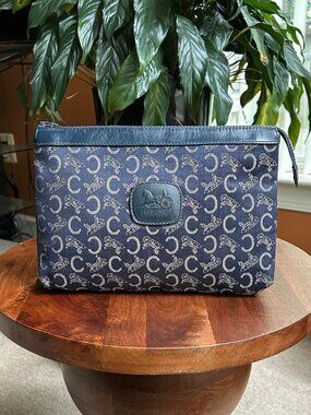 CELINE C Sulky Leather and Canvas Pouch,Navy